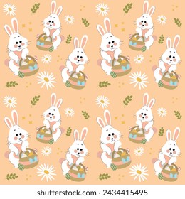 Conejos blancos sobre fondo de melocotón. Precioso patrón plano sin costuras de Pascua con conejos, garabatos, flores, huevos de Pascua, hermoso fondo. Para tarjetas de Pascua, banner, textiles, papel pintado.