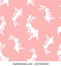 white rabbits on a pink background seamless vector pattern