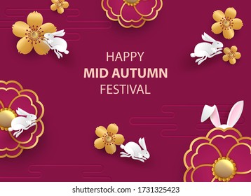 White rabbits with paper cut chinese clouds and flowers on geometric background for Chuseok festival. Hieroglyph translation is Mid autumn. Vector illustration.