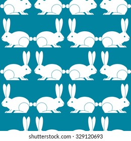 White Rabbits pattern. Illustration of white rabbits on blue background.  Easter Background. Can be used for wallpapers, pattern fills, web page backgrounds, surface textures, textile.