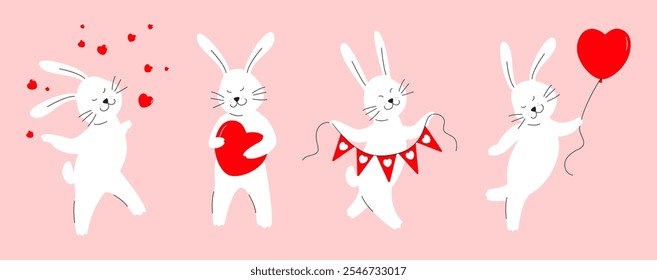 White rabbits with a red hearts. Cute Bunnies for Valentine's day, Baby shower, Mother's day, Birthday, wedding cards