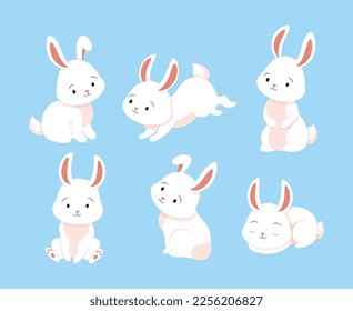 White rabbits set. Collection of graphic elements for website. Animal, wild life and fauna, mammal, spring. Toy or mascot for children. Cartoon flat vector illustrations isolated on blue background