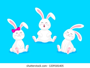 White rabbits sitting with smiley face. Cute cartoon character design. Happy Easter day. Vector Illustration isolated on blue background.