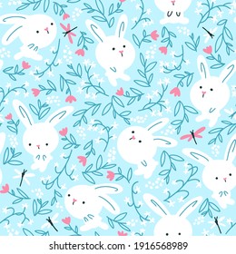 White rabbits in summer flowers and grasses with dragonflies seamless pattern. Cute characters. Baby cartoon vector in simple hand-drawn Scandinavian style. Nursery illustration on blue background