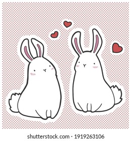 White rabbits. Two rabbits in love surrounded by red hearts. Cartoon characters. Art for valentine's day, easter, mother's day. 