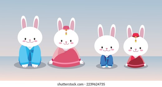 White rabbits wearing hanbok, Korean traditional holiday New Year's Day