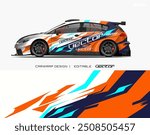 White race car with orange, blue, and turquoise graphics. Suitable for sports, racing, fast cars, automotivethemed projects, advertisements, and posters.