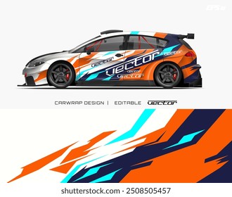 White race car with orange, blue, and turquoise graphics. Suitable for sports, racing, fast cars, automotivethemed projects, advertisements, and posters.