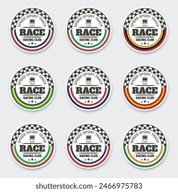 White race track circle emblems with flag and speed racing test for tournaments and sports events