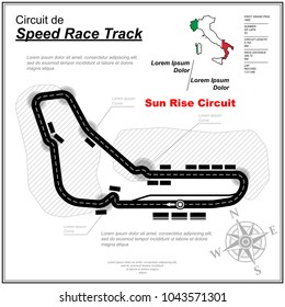 White race track circuit background with sample text and windrose
