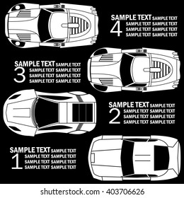 white racing car as a template to your theory in vector style on blackboard
