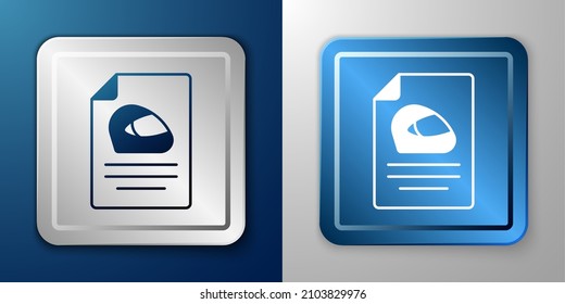 White Racing helmet icon isolated on blue and grey background. Extreme sport. Sport equipment. Silver and blue square button. Vector