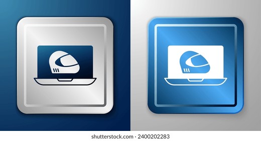 White Racing helmet icon isolated on blue and grey background. Extreme sport. Sport equipment. Silver and blue square button. Vector