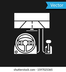 White Racing simulator cockpit icon isolated on black background. Gaming accessory. Gadget for driving simulation game.  Vector Illustration