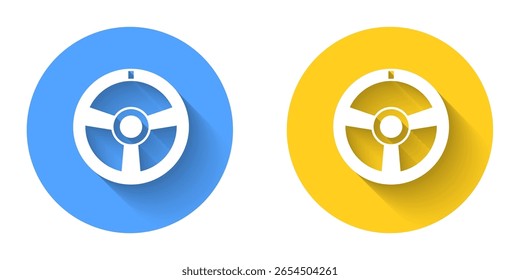 Icono de volante de carreras blanco aislado con fondo de sombra larga. Icono de rueda de coche. Botón circular. Vector