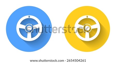 White Racing steering wheel icon isolated with long shadow background. Car wheel icon. Circle button. Vector