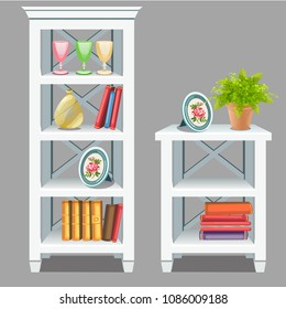 White rack with shelves, filled with books, potted plant and wineglasses isolated on gray background. Vector cartoon close-up illustration.
