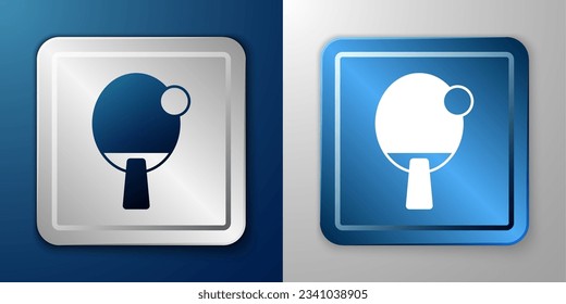 Weißes Racket zum Spielen von Tischtennis Symbol einzeln auf blauem und grauem Hintergrund. Silber und blauer Quadrat-Button. Vektorgrafik