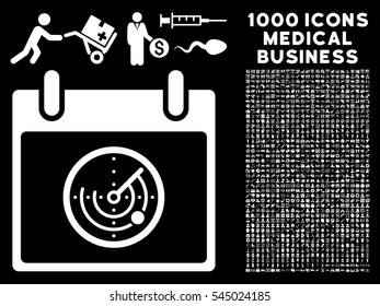 White Radar Calendar Day vector icon with 1000 medical business pictograms. Set style is flat symbols, white color, black background.
