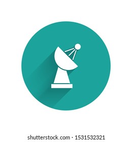 White Radar icon isolated with long shadow. Search system. Satellite sign. Green circle button. Vector Illustration