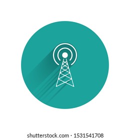 White Radar icon isolated with long shadow. Military search system. Green circle button. Vector Illustration