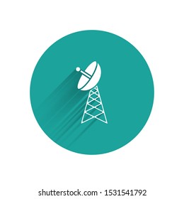 White Radar icon isolated with long shadow. Military search system. Green circle button. Vector Illustration