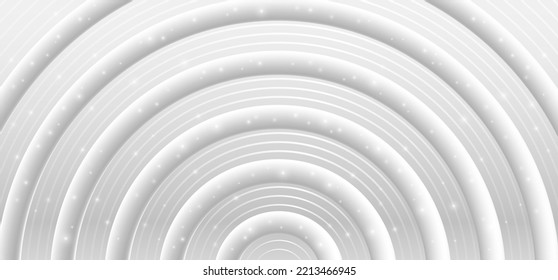 Fondo radial blanco. Líneas circulares volumétricas con chispas. Banner web de plata vectorial