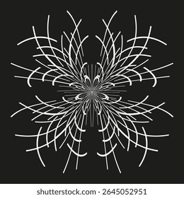 Flor radial branca. Elemento de flor simétrico. Forma de pétala vetorial. Contraste do plano de fundo preto.