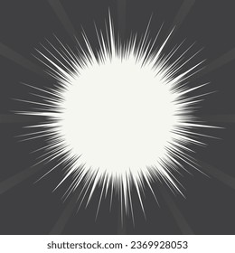 White radial comic book style action line with a space for text in the center isolated on a gray background. Speed abstract, manga comics action frame. Vector illustration