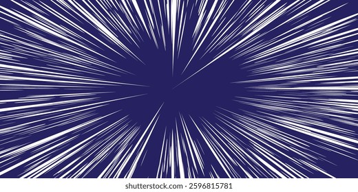 White radial lines on blue as manga speed vector bg. Comic book explosion effect. Anime explosion background. Fast motion in perspective. Radial explosion. Center focus