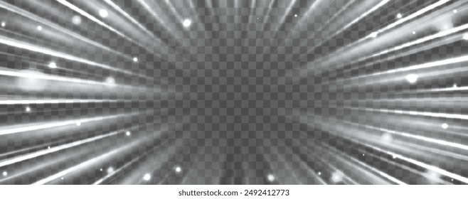 White radial speed rays, light neon flow, zoom in motion effect, silver glow speed lines, colorful light trails, perspective stripes Abstract background, vector illustration.