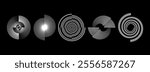 White radial spiral pattern set. Circular rotating speed line form collection. Spinning circle sound wave concept. Abstract sunburst ray or beam element pack for icon, badge, logo, tag, label. Vector