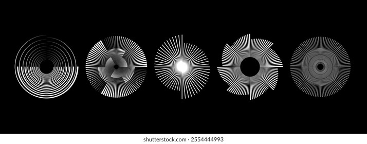 White radial spiral pattern set. Circular spinning speed line form collection. Rotating circle sound wave concept. Abstract sunburst ray or beam element for icon, badge, logo, tag, label. Vector