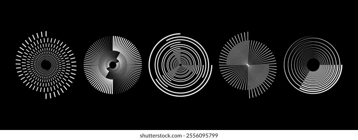 White radial spiral pattern set. Circular spinning speed line form collection. Rotating circle sound wave concept. Abstract sunburst ray or beam element pack for icon, badge, logo, tag, label. Vector