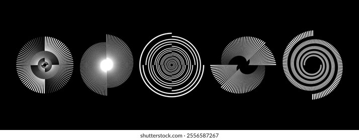 White radial spiral pattern set. Circular rotating speed line form collection. Spinning circle sound wave concept. Abstract sunburst ray or beam element pack for icon, badge, logo, tag, label. Vector