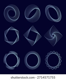 Conjunto de patrón de espiral radial blanco. Línea de velocidad giratoria circular forma colección. Concepto de onda de sonido de círculo giratorio. Abstractas rayo de sol o paquete de elementos de viga para icono, insignia, logotipo, etiqueta, etiqueta. Vector