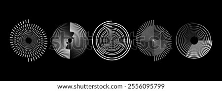 White radial spiral pattern set. Circular spinning speed line form collection. Rotating circle sound wave concept. Abstract sunburst ray or beam element pack for icon, badge, logo, tag, label. Vector