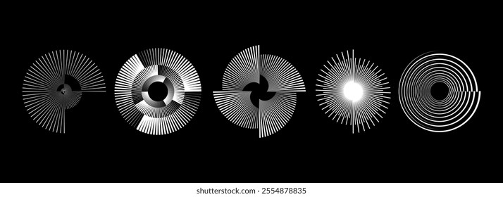 White radial spiral patterns set. Circular spinning speed line forms collection. Rotating circle sound waves concept. Abstract sunburst ray or beam elements for icon, badge, logo, tag, label. Vector