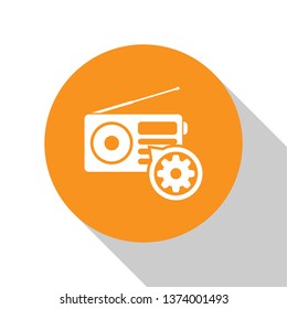White Radio with antenna and gear icon isolated on white background. Adjusting app, service concept, setting options, maintenance, repair, fixing. Orange circle button. Vector Illustration