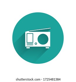 White Radio with antenna icon isolated with long shadow. Green circle button. Vector Illustration