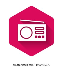 White Radio with antenna icon isolated with long shadow. Pink hexagon button. Vector