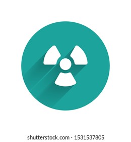 White Radioactive icon isolated with long shadow. Radioactive toxic symbol. Radiation Hazard sign. Green circle button. Vector Illustration