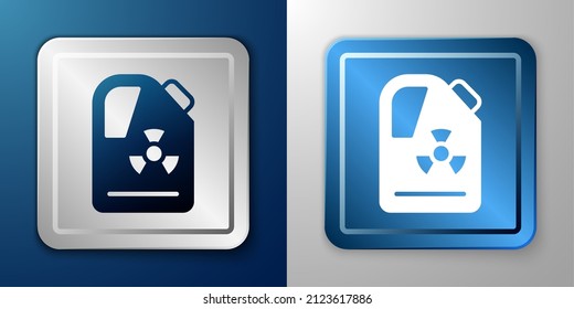 White Radioactive waste in barrel icon isolated on blue and grey background. Toxic refuse keg. Radioactive garbage emissions, environmental pollution. Silver and blue square button. Vector