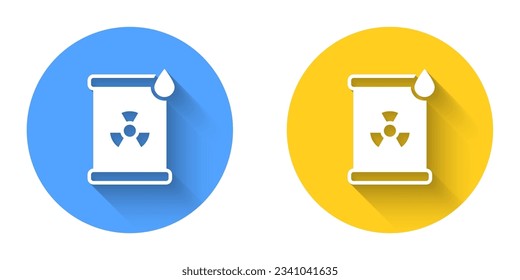 White Radioactive waste in barrel icon isolated with long shadow background. Toxic refuse keg. Radioactive garbage emissions, environmental pollution. Circle button. Vector