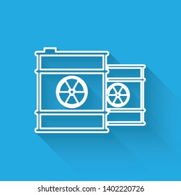 White Radioactive waste in barrel line icon isolated with long shadow. Toxic refuse keg. Radioactive garbage emissions, environmental pollution. Vector Illustration