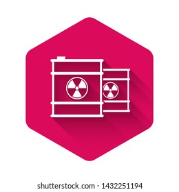 White Radioactive waste in barrel line icon isolated with long shadow. Toxic refuse keg. Radioactive garbage emissions, environmental pollution. Pink hexagon button. Vector Illustration