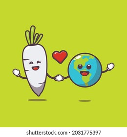 white radish and earth illustration. vegetable world day. vector isolated flat illustration for poster, brochure, web, mascot, sticker, logo and icon.