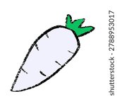 White radish vegetable crayon wax doodle, rough textured hand drawn, daikon root illustration, organic parsnip pod, fresh turnip crop, healthy food clipart