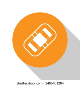 White Rafting boat icon isolated on white background. Inflatable boat. Water sports, extreme sports, holiday, vacation, team building. Orange circle button. Vector Illustration