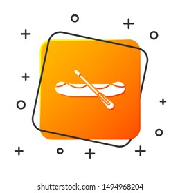 White Rafting boat icon isolated on white background. Inflatable boat with paddles. Water sports, extreme sports, holiday, vacation. Orange square button. Vector Illustration